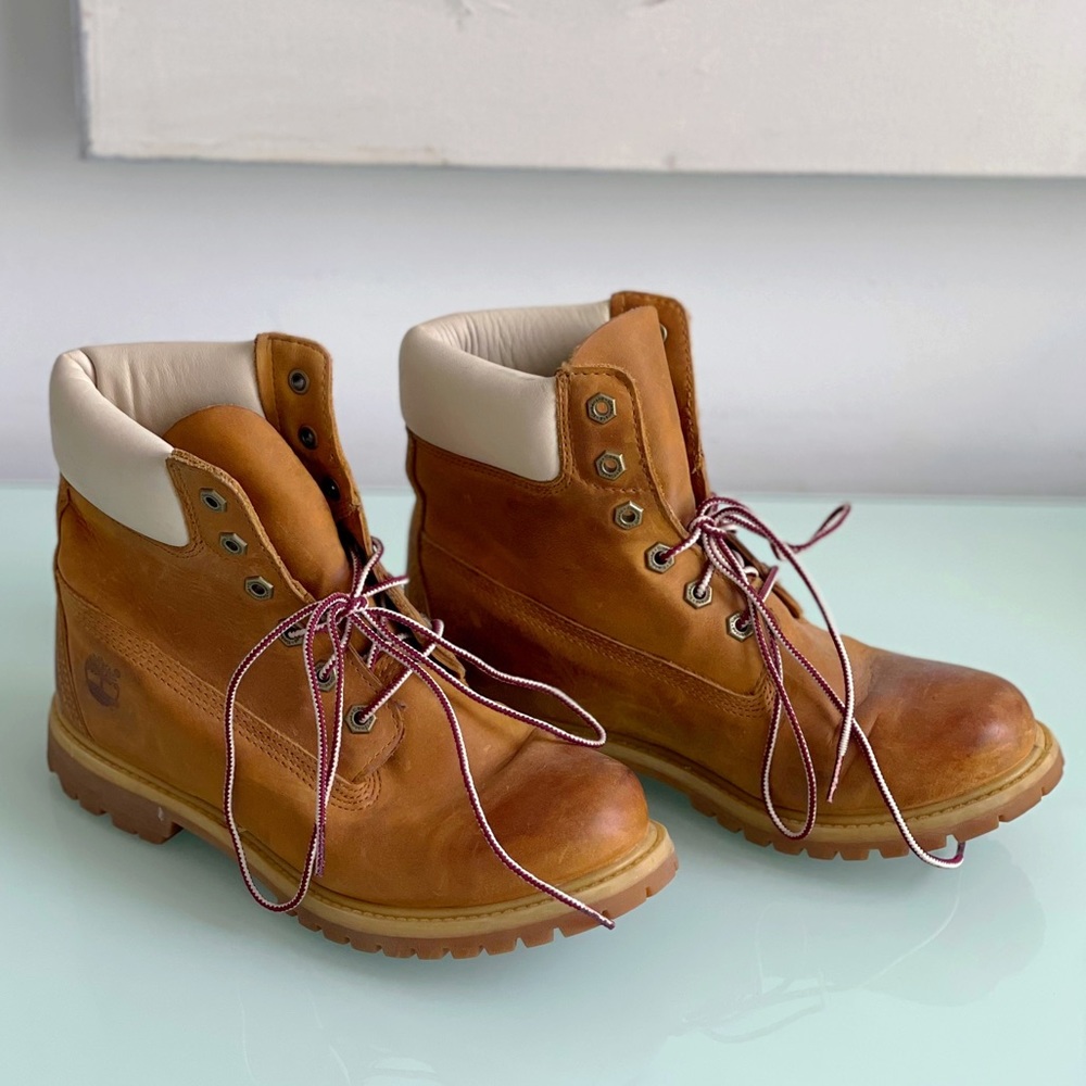 Timberland Boots, size 8.5 mens, woman-worn, brown and white distressed